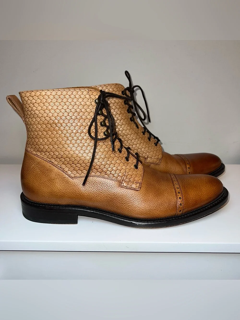 Taft Tan Woven Leather Chukka Lace-Up Boots